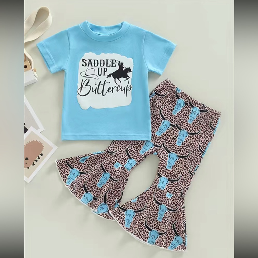 Girls Boutique Western Horse SADDLE UP Graphic Top & Bell Bottoms Flare Pants